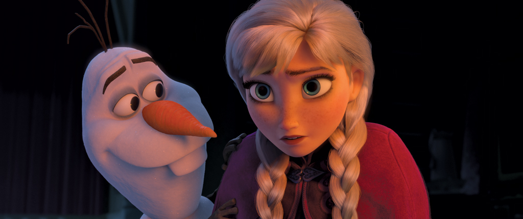 Olaf looks lovingly at Elsa, who looks surprised