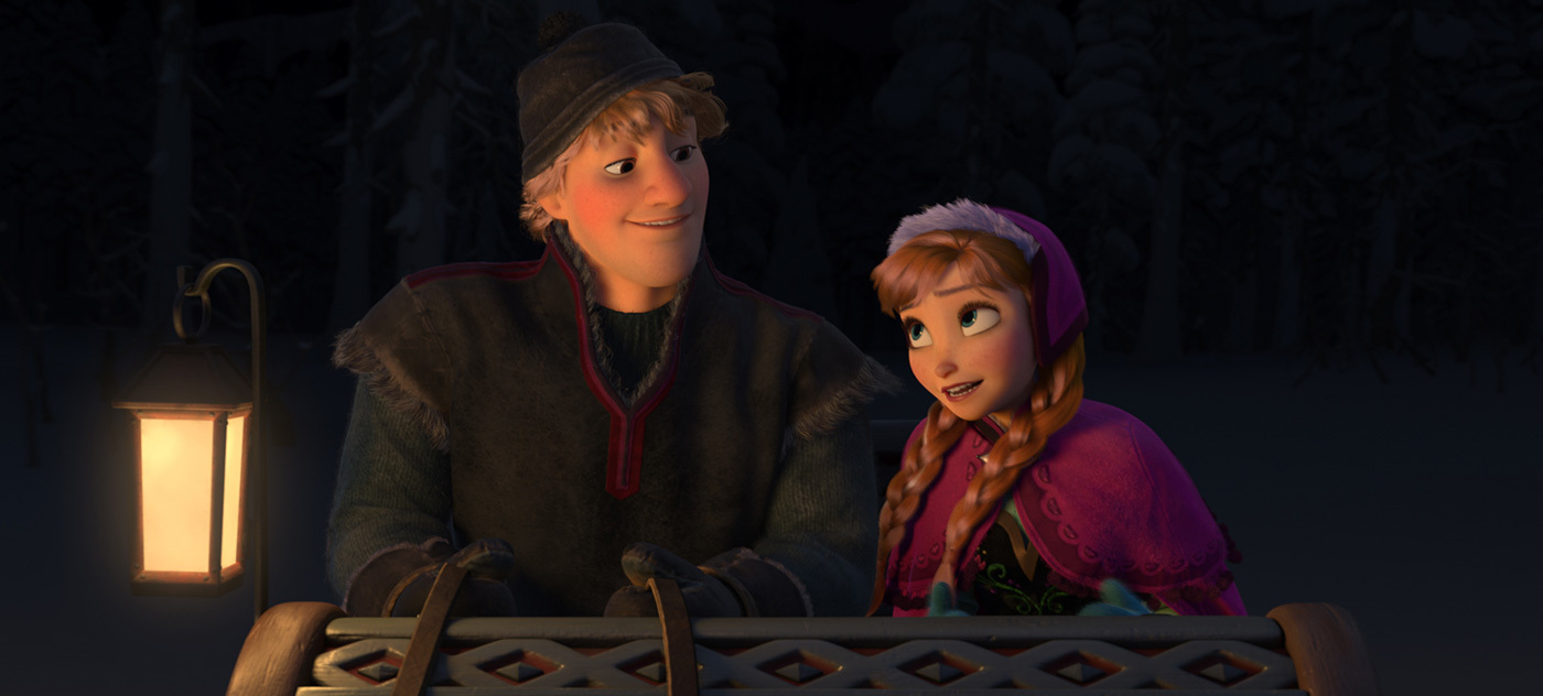 Kristoff and Anna talk in the night next to an outdoor light