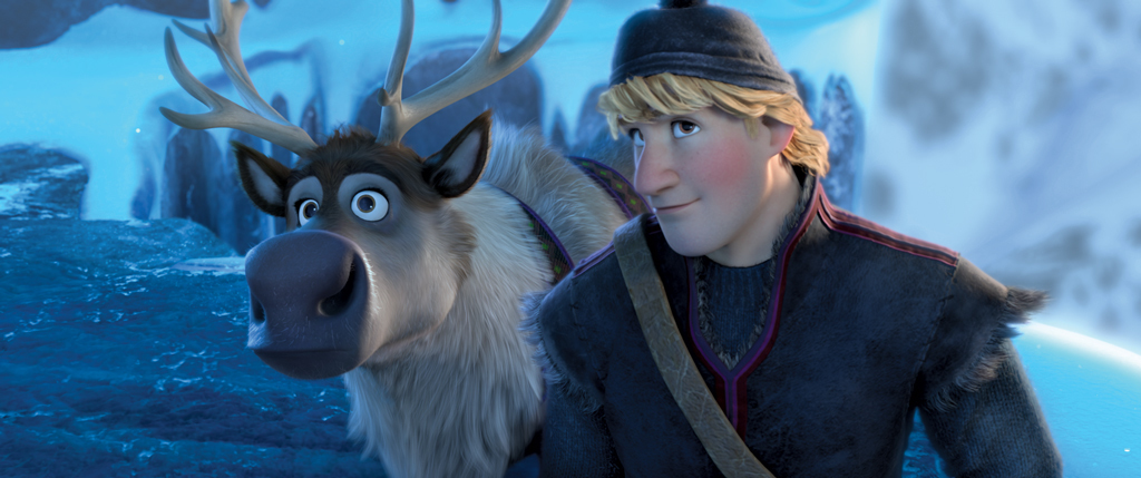 Kristoff stands next to the reindeer Sven
