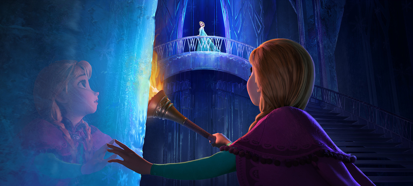 Anna holds a torch and looks up at Elsa, who is on top of the staircase of her ice palace