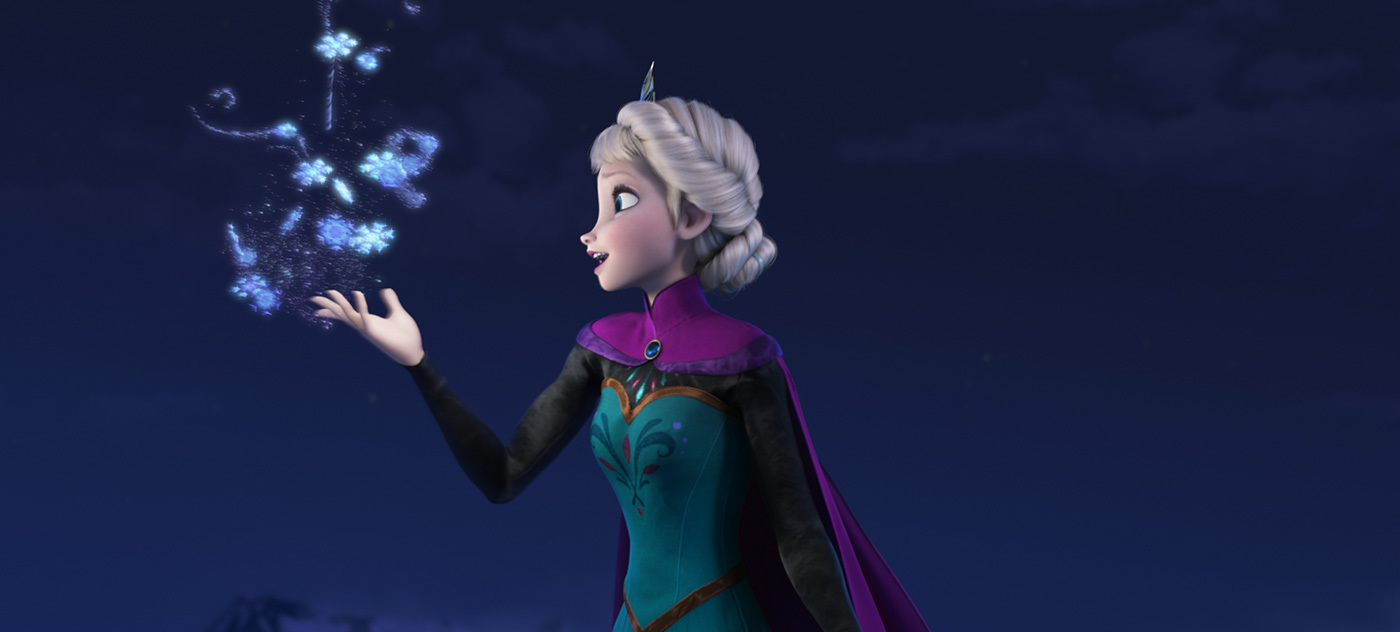 Through magic, Elsa hovers snowflakes above her right hand