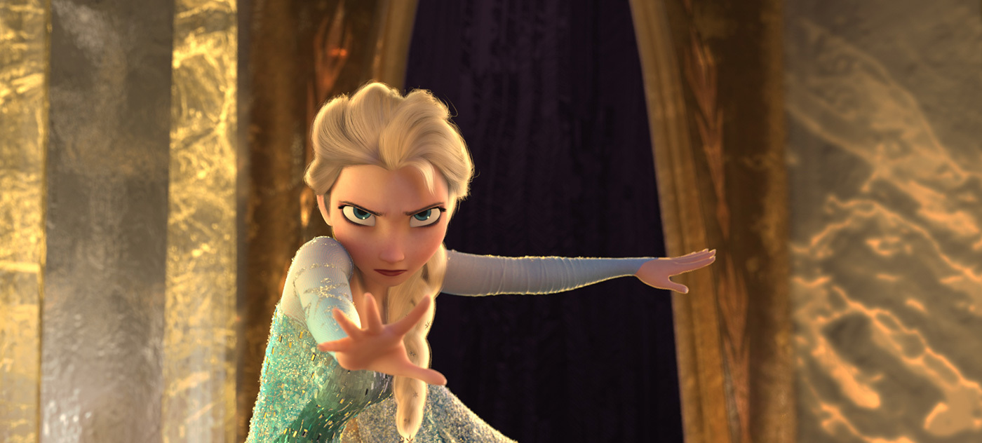 Elsa strikes a dancing pose in front of a gold backdrop of her ice palace during the song 'Let it go'
