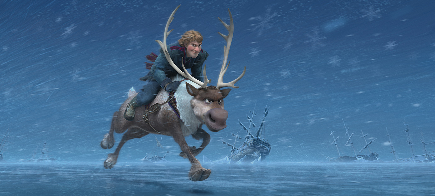 Through a storm, Kristoff rides on his reindeer Sven over a frozen lake