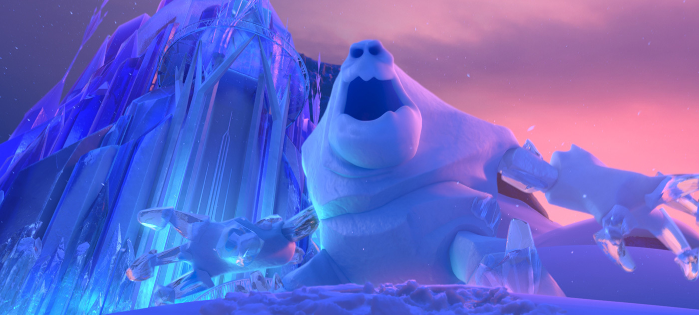 A giant angry snowman is standing in front of Elsa's ice palace