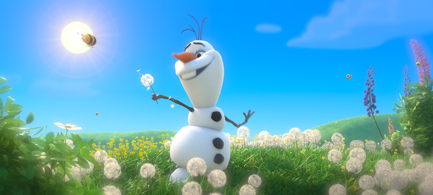 Olaf is running through a field of flowers while the sun is shining strong
